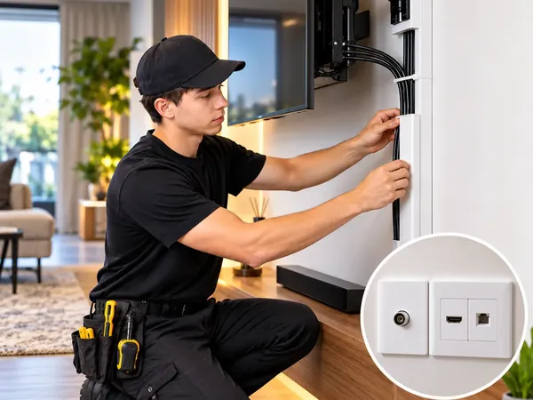 Technician fitting a new TV wall point