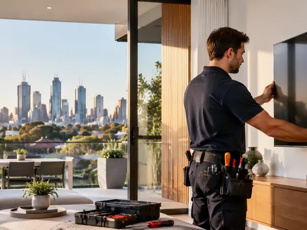 Technician checking TV reception in a living room
