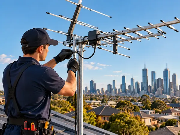 Technician installing a digital TV antenna on a Melbourne roof